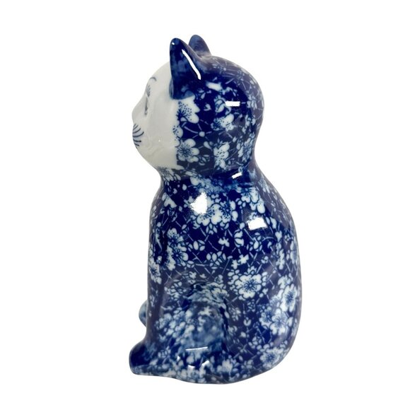 Vintage Chintz Blue And White Floral Porcelain Cat Figurine 8” - Picture 2 of 6